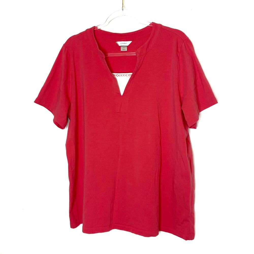 CJ Banks Watermelon Pink Short Sleeve Notched Neckline Embroidered Tee Womens 2X